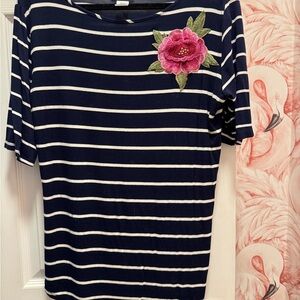 Elegant Navy Striped Tee with Pink Floral Detail